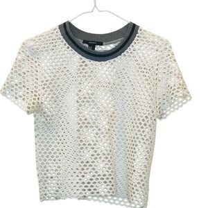 Forever 21 Crew Neck Mesh Netted Short Sleeve Crop Top White Gray Medium
